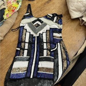 Parker Geometric Sequin Dress in Blue and Black